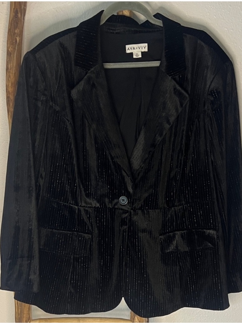 Ava & Viv Elegant Black Stretch Velvet Blazer with Silver Pinstripes XXL Party